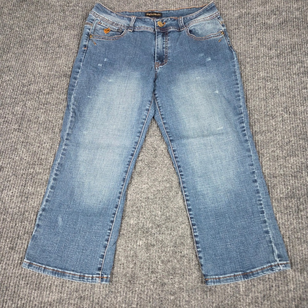 Rocawear Womens Size 11 Medium Wash Embroidered Cropped Capri Jeans Blue Stretch